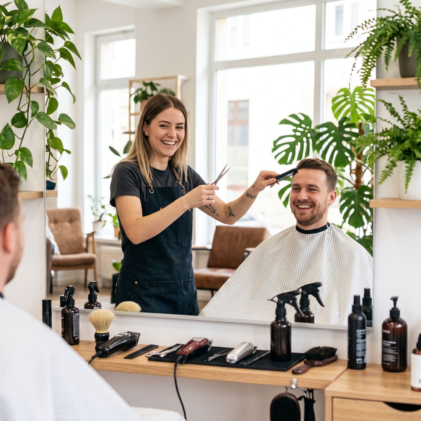 Barberka strihá zákazníka, obaja sa smejú do zrkadla