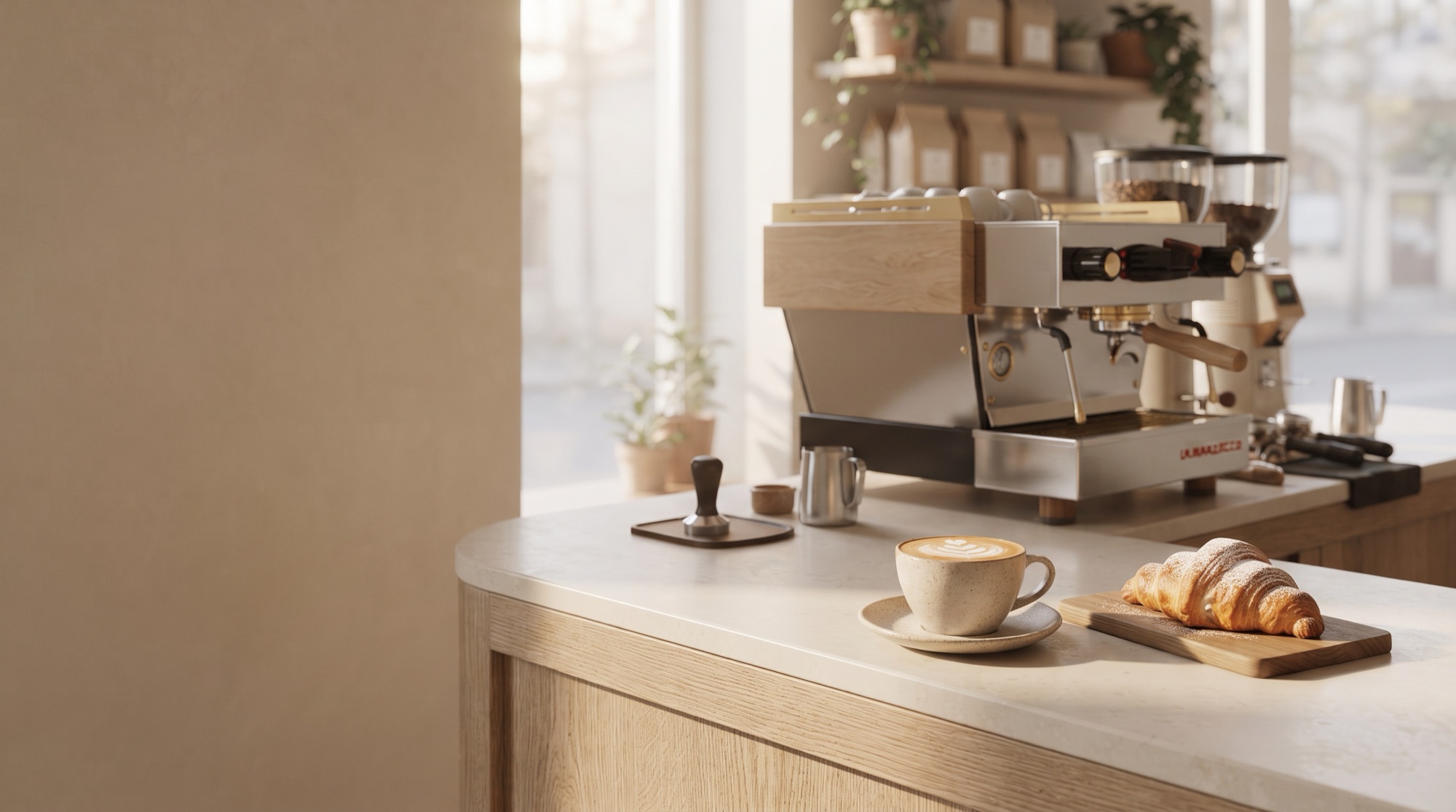 Kávovar a cappuccino s croissantom na bare kaviarne