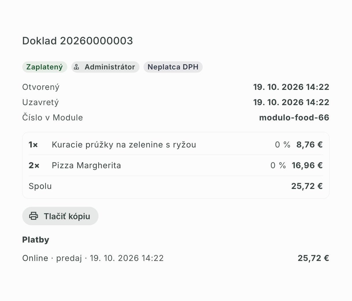 Zaplatený doklad z Dotykačky v Module s položkami, súčtom a platbou