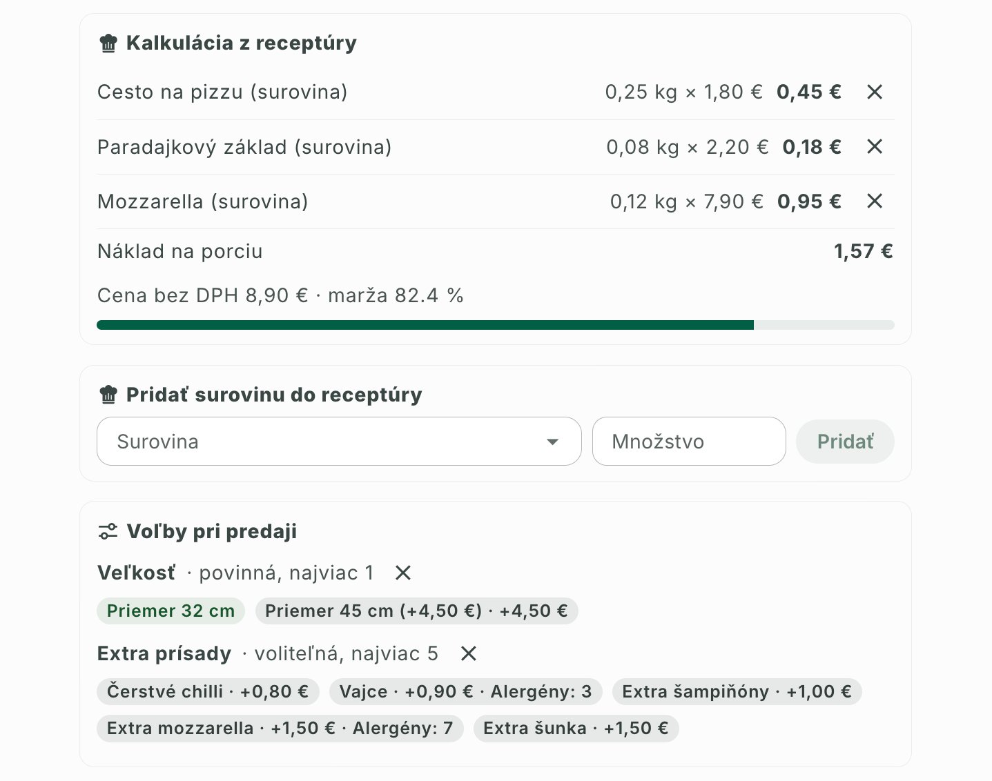 Detail pizze v Module: kalkulácia z receptúry, náklad na porciu, marža a voľby pri predaji